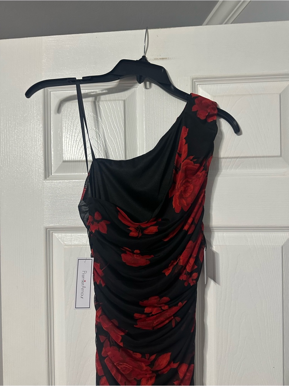 NWT Premier Amour One-Shoulder Ruched Black Dress with Red Floral Print - Picture 7 of 13